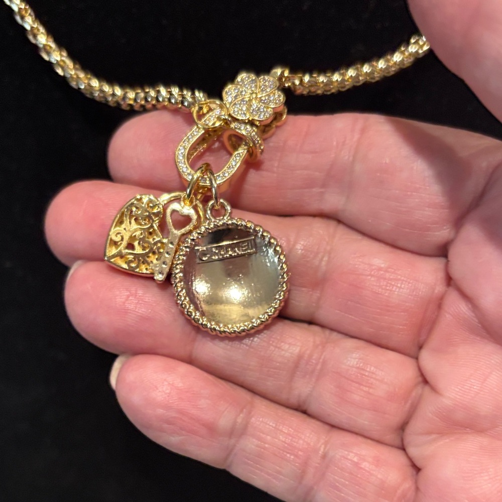 Gold Chain Necklace with Designer Pink Medallion and Heart Charms - Picture 3 of 6